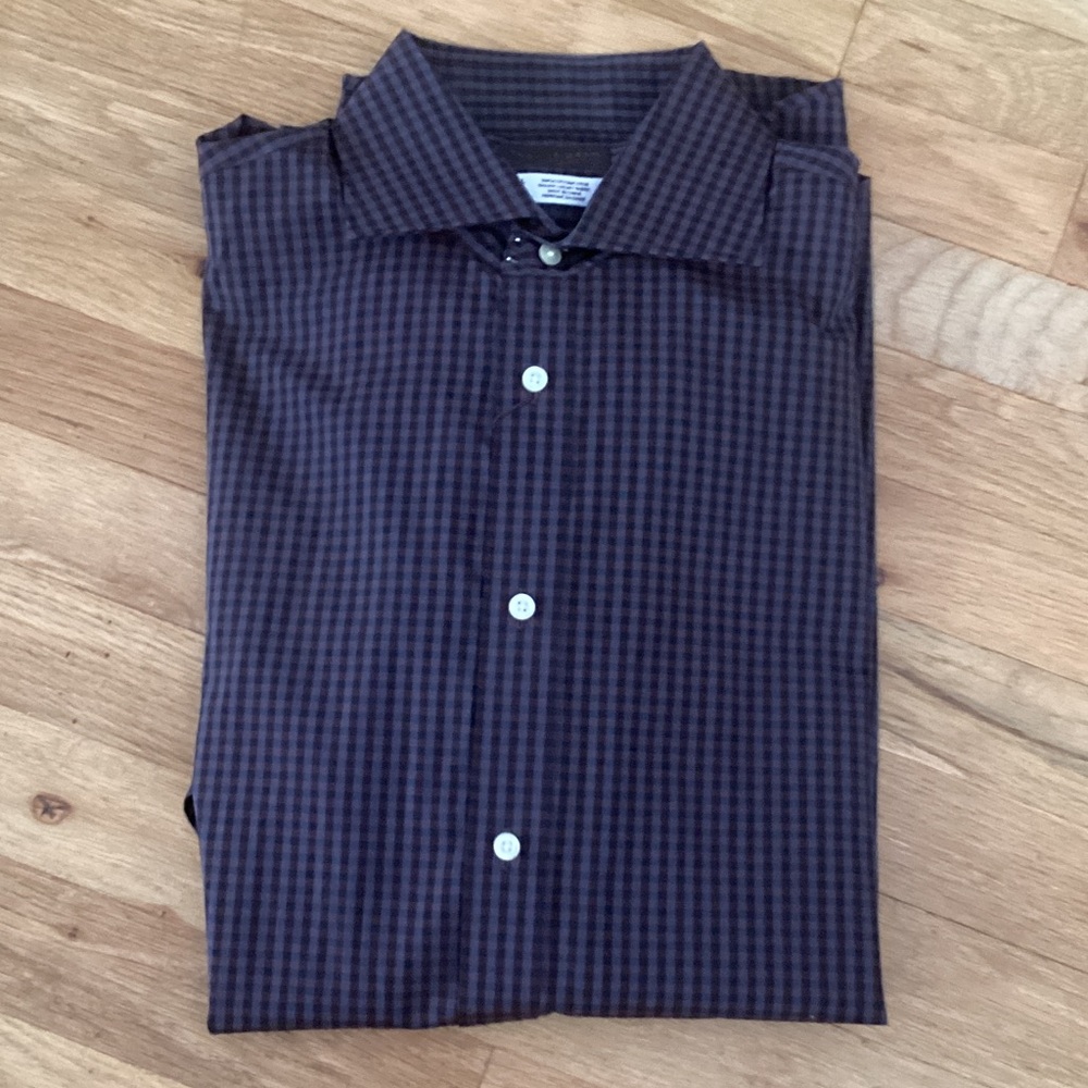 Thomas Dean Men's Checked Dress Shirt in Brown and Blue.  Large